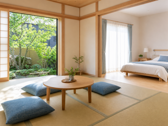 動線集約と、
自然素材。