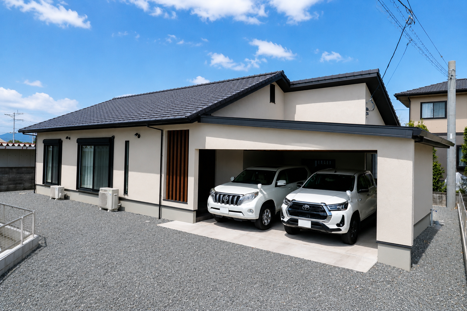 インナーガレージのある和モダン平屋ハウス・施工写真