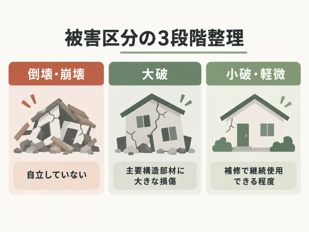 倒壊 大破 軽微 という被害区分が混ざって語られている