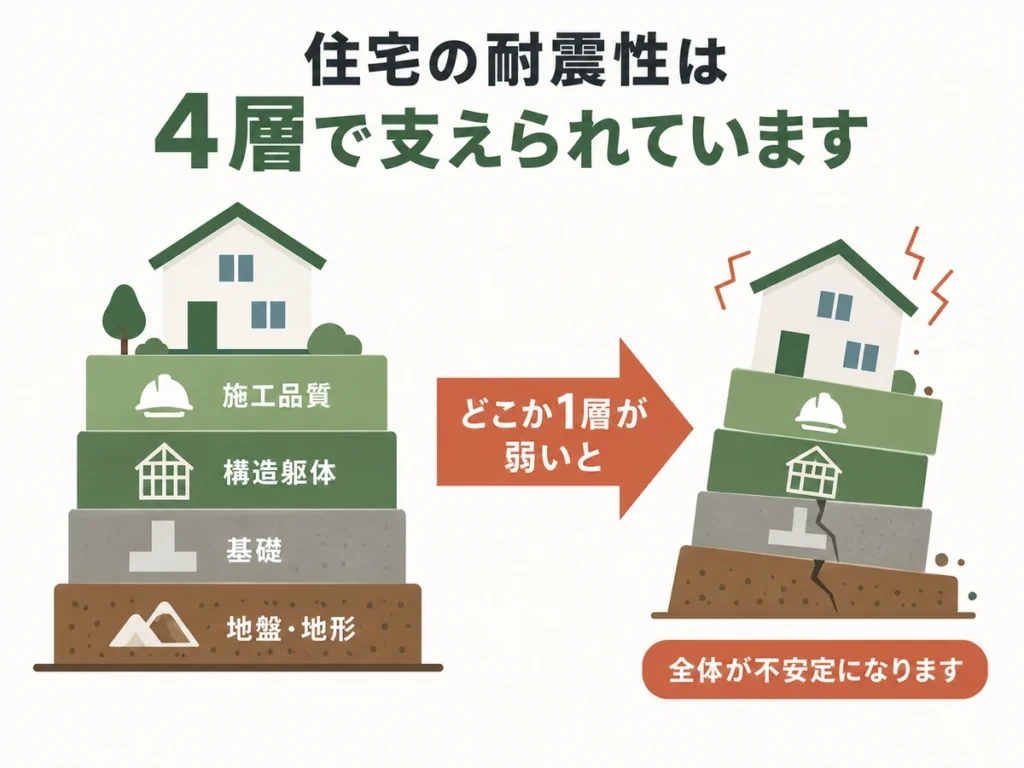 建物の強さ以外に地盤や築年数の条件が絡んでいる